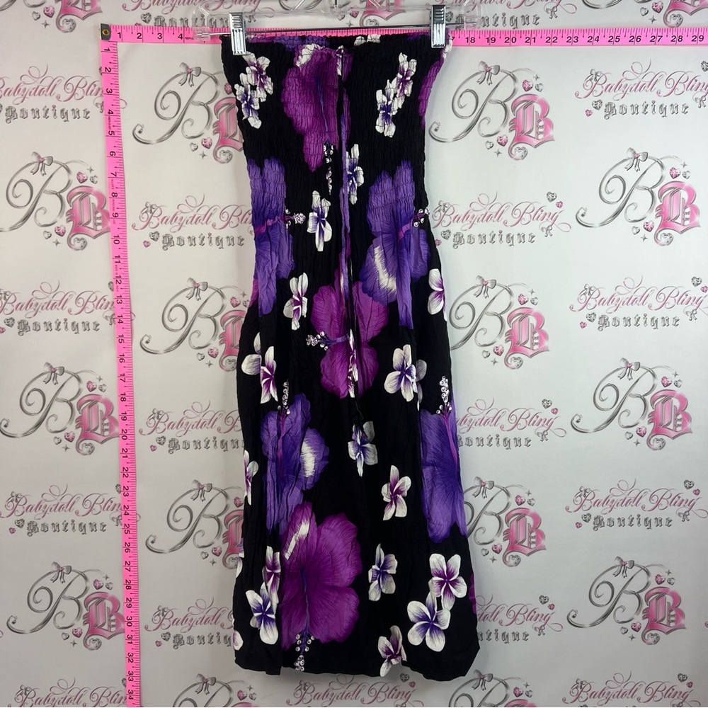 Strapless dress floral Hawaii Black Dress with Purple & White Floral Print